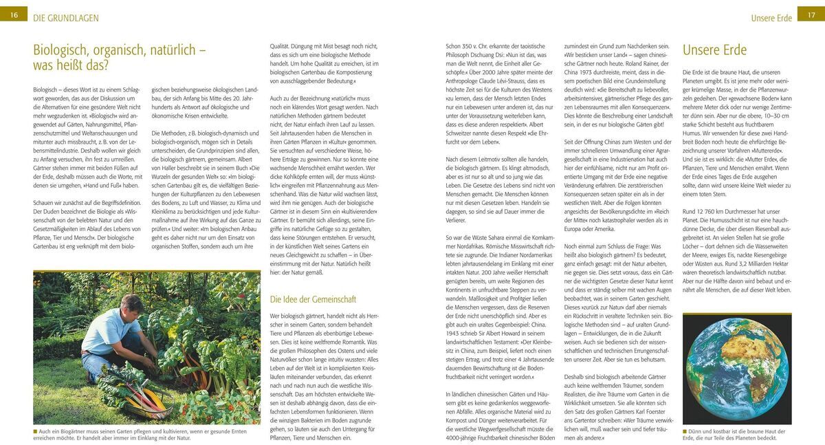 Cover des Buches 'Der Biogarten' von Marie-Luise Kreuter. Abgebildet ist ein Bild eines Gärtners, der im Gemüsegarten arbeitet, sowie eine Weltkugel mit Pflanzen und Text.