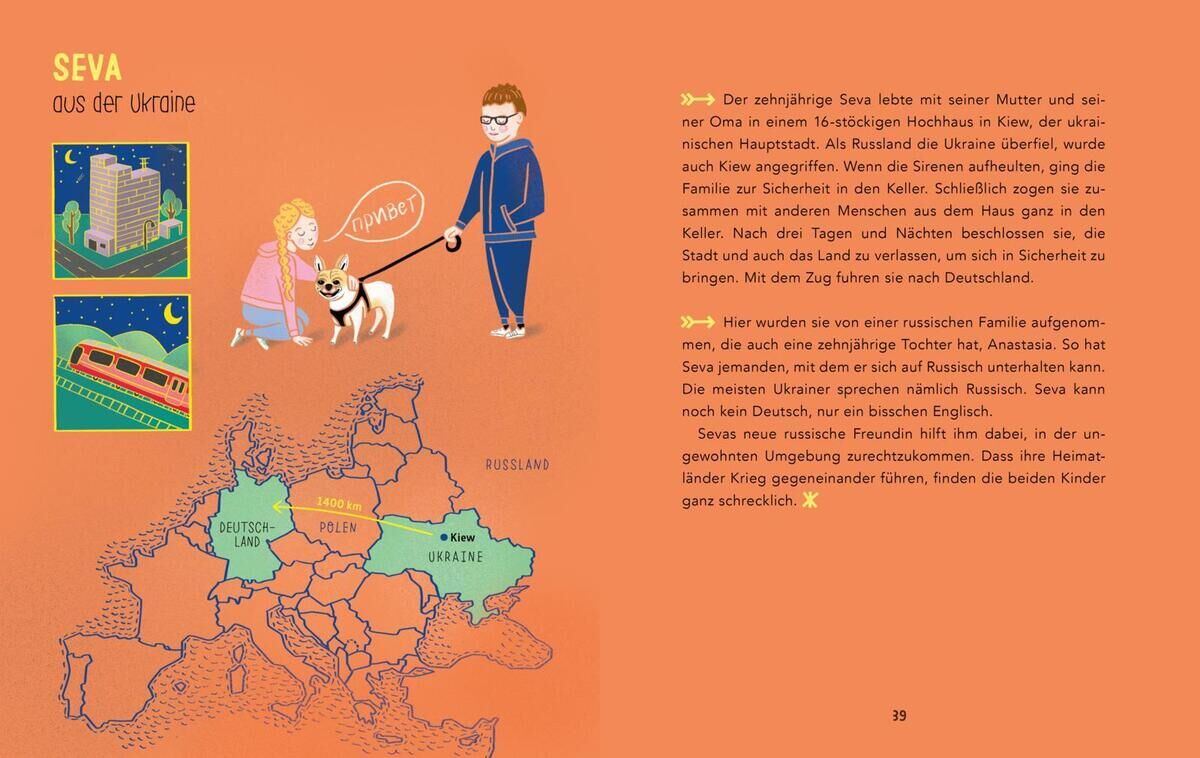 Illustration eines Kinderbuchs mit dem Titel 'Wir mussten flüchten'. Das Bild zeigt eine Familie aus der Ukraine und eine Landkarte von Europa. Durch bunte Illustrationen wird die Geschichte der Flucht und Migration beschrieben.