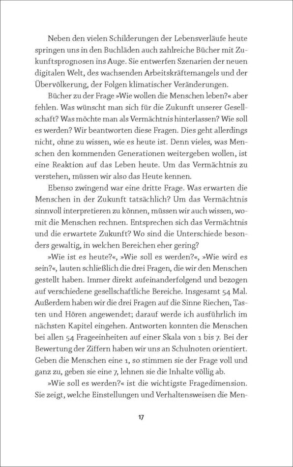 Eine Abbildung der Innenseite eines Buches mit dem Titel 'Das Land, in dem wir leben wollen'. Der Text ist in deutscher Sprache und behandelt Themen wie Gesellschaft, Zukunft und Visionen. Auf der Seite sind Absätze und Marginalien sichtbar.
