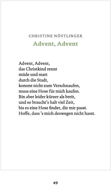 Eine Seite eines Adventskalenders mit einem Gedicht von Christine Nöstlinger. Der Hintergrund ist weiß mit schwarzem Text und grünem Titel 'Advent, Advent'. Es handelt sich um den 'Reclams heiterer Adventskalender'.