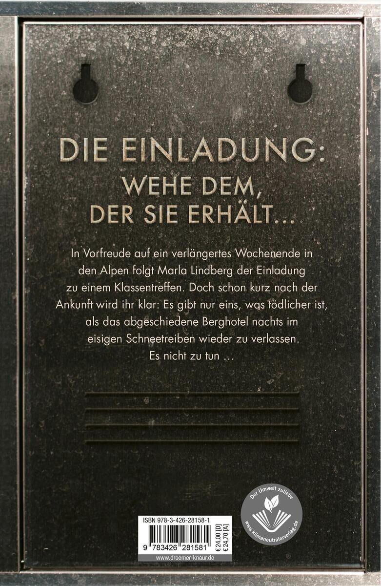 Rückseite des Buches 'Einladung' von Sebastian Fitzek, mit schwarzem Hintergrund und goldenem Text; das Buchcover enthält eine kurze Beschreibung der Handlung und einige dekorative Elemente.