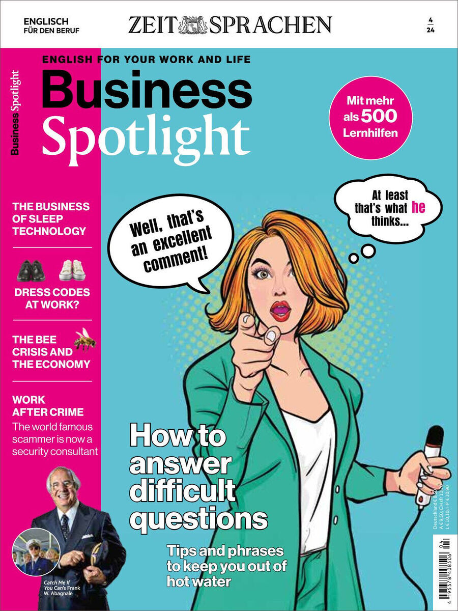 Das Titelbild des Business Spotlight Magazins 04/2024 zeigt eine Illustration einer Frau im Gespräch, begleitet von Sprechblasen. Der Titel lautet „How to answer difficult questions“. Das Magazin ist auf Englisch und zielt darauf ab, berufliche Englischkenntnisse zu verbessern. Im Hintergrund gibt es verschiedene Textausschnitte und Empfehlungen für Arbeitsplatzkommunikation, Schlaftechnologie und Sicherheit im Beruf.