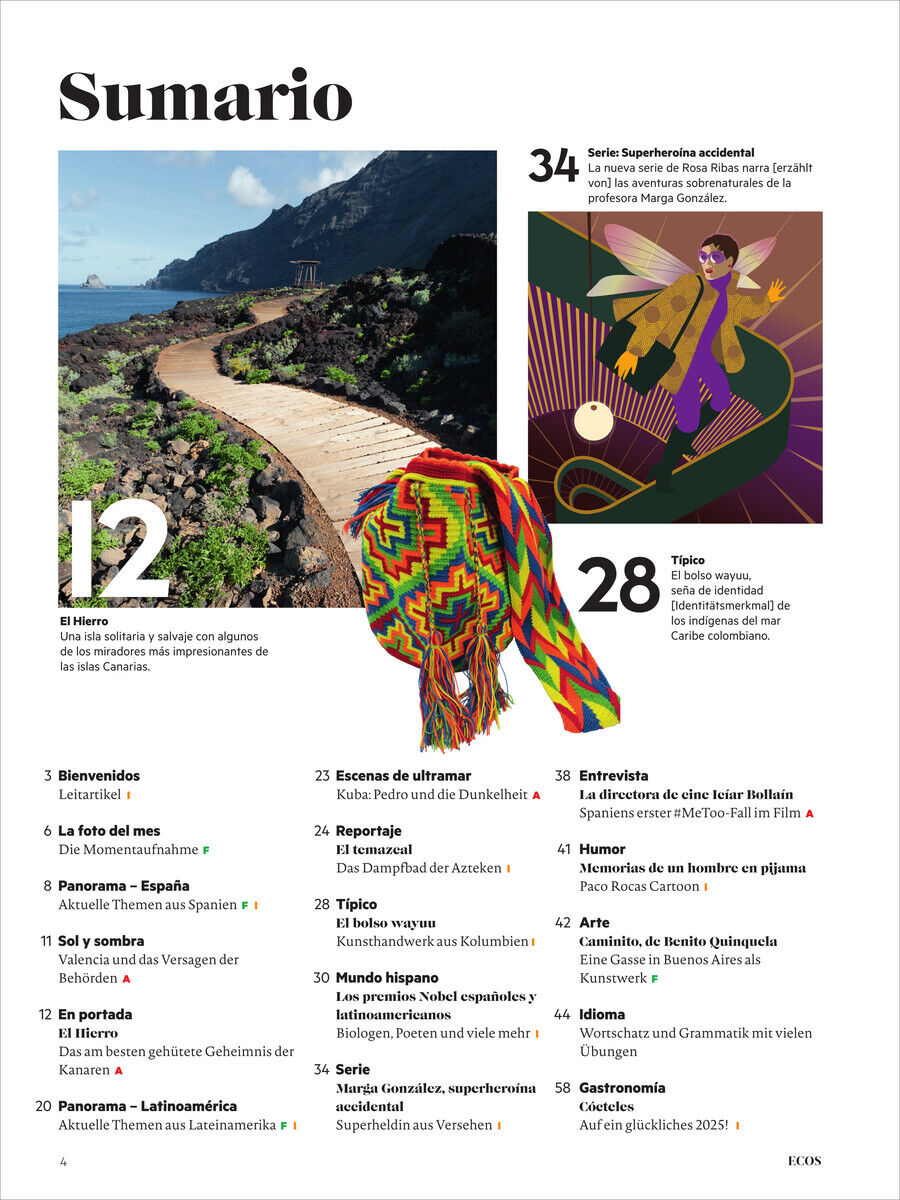 Titelblatt der Ecos Magazin Ausgabe 1/25 mit einer vielfältigen Mischung aus Fotografien, Illustrationen und Texten über spanische und lateinamerikanische Themen.