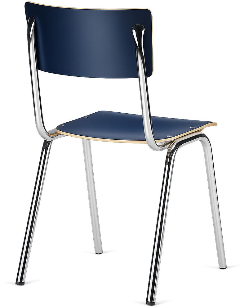 Designstuhl ZERO in Sonderedition für DIE ZEIT von Jan Kurtz. Gestell aus poliertem Chrom, Sitzfläche und Rückenlehne in Nachtblau mit furnierten Eichenkanten. Moderner, eleganter Stuhl, harmonisches Materialspiel, geeignet für Innenräume und stapelbar.
