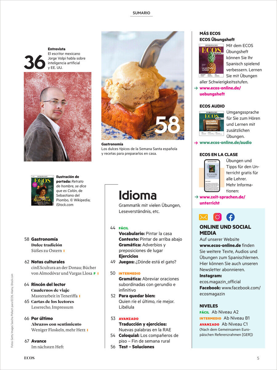 Seite aus dem Ecos Magazin 5/2025 mit einem Interview, spanischen Rezepten und Grammatikübungen, begleitet von farbigen Bildern und Textblöcken.