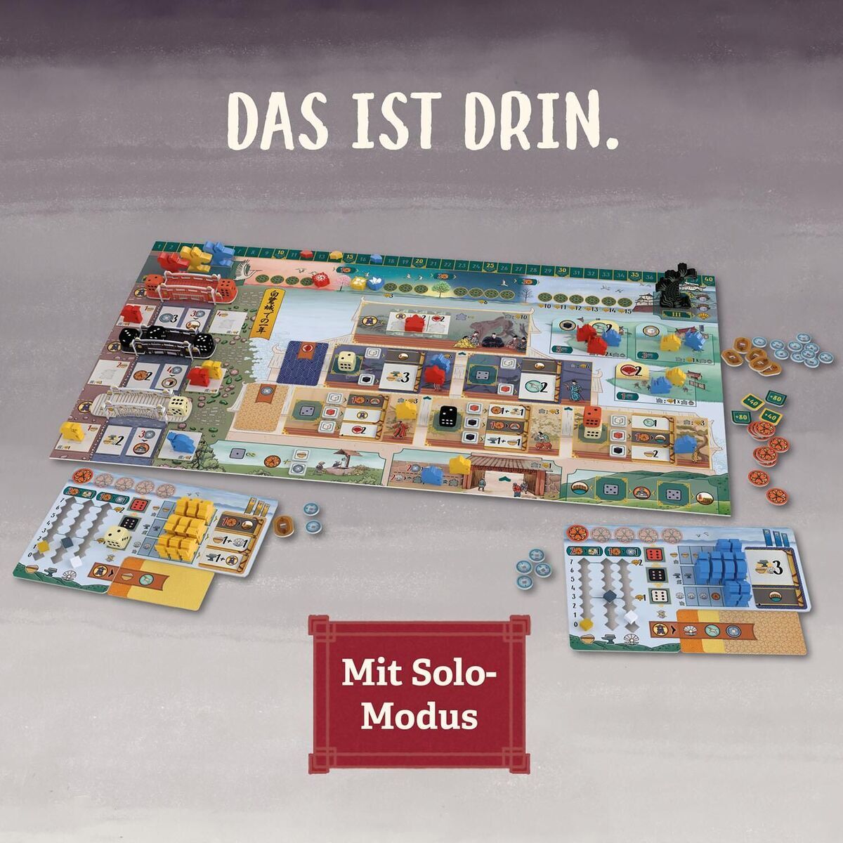 Bild zeigt das Brettspiel 'Die Weiße Burg' mit Solo-Modus. Verschiedene Spielbretter und Spielfiguren sind zu sehen, sowie Karten und Würfel. Farbgestaltung in Grün, Blau, Braun, Gelb, Rot und Orange.