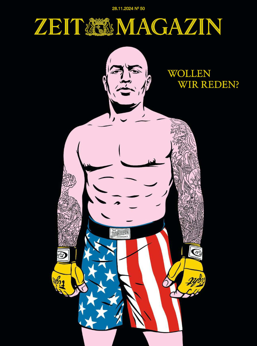 Titelbild des ZEIT Magazins 50/2024 zeigt eine Illustration eines muskulösen Boxers in einer Hose mit amerikanischer Flagge, Tätowierungen, gelben Boxhandschuhen und der Schriftzug 'Wollen wir reden?'.