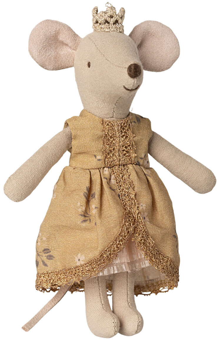 Stofftier Maus als Prinzessin mit goldener Krone und goldfarbenem Kleid, geeignet als Geschenk für Kinder, dekorativ und liebevoll gestaltet.