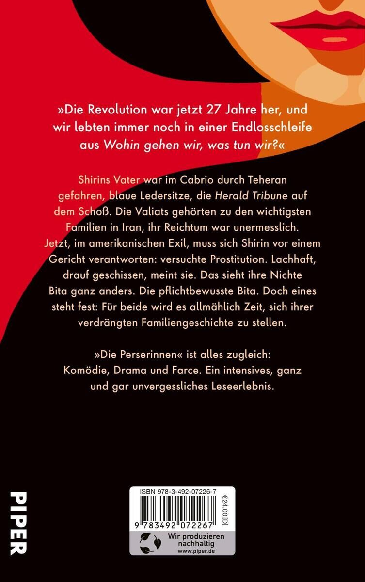 Das Buchcover zeigt einen stilisierten roten Gesichtsausschnitt einer Frau mit rotem Lippenstift. Der Text beschreibt die revolutionären Umstände und das aufregende Leben der Hauptcharaktere im Buch. Oben links steht ein Zitat. Der Buchrücken ist schwarz mit weiße Schrift.