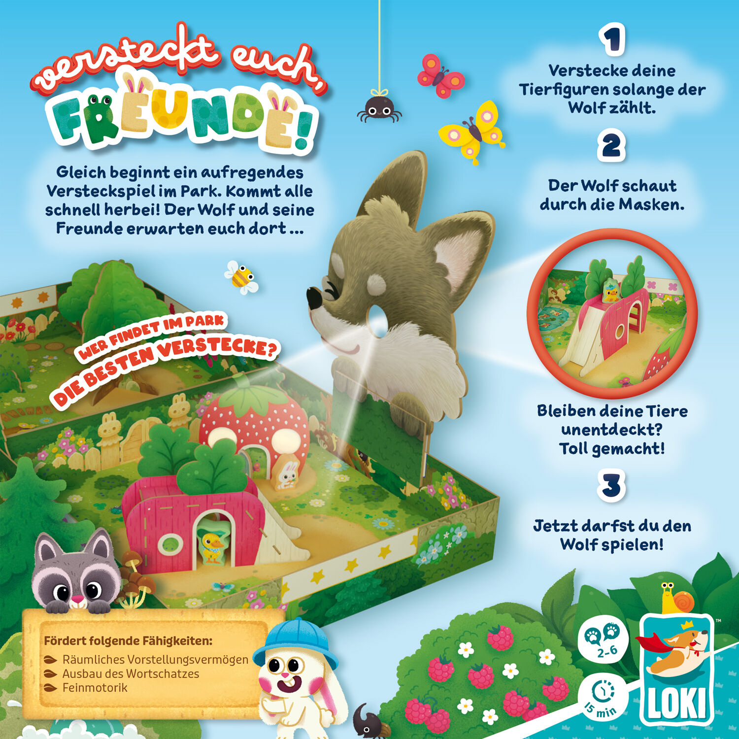 Das Bild zeigt ein bunt illustriertes Kinderspiel namens 'Versteckt euch, Freunde!'. Zu sehen sind verschiedene Tierfiguren, ein Wolf mit Maske, sowie ein Spielplatz im Park. Im Hintergrund sind Bäume, Wiesen, Spielhäuschen und weitere bunte Spielutensilien abgebildet. Die Grafik wirkt freundlich und einladend und richtet sich an Kinder im Vorschulalter.