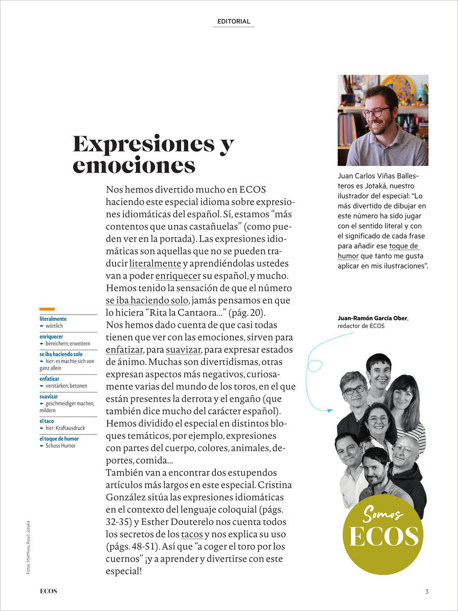 Seite aus der Sonderausgabe des Magazins 'Ecos Magazin 12/2024' mit Texten über spanische Ausdrücke und Emotionen, illustriert von Fotos und Grafiken.