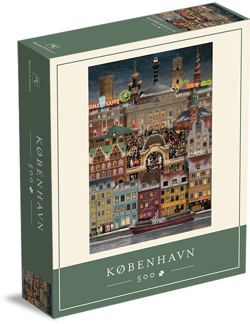 Puzzle mit dem Motiv »Weihnachten in Kopenhagen«, zeigt eine weihnachtlich dekorierte Stadtansicht mit traditionellen skandinavischen Gebäuden und einem Weihnachtsmarkt im Winter. Das Puzzle enthält 500 Teile und ist für alle Altersgruppen geeignet.