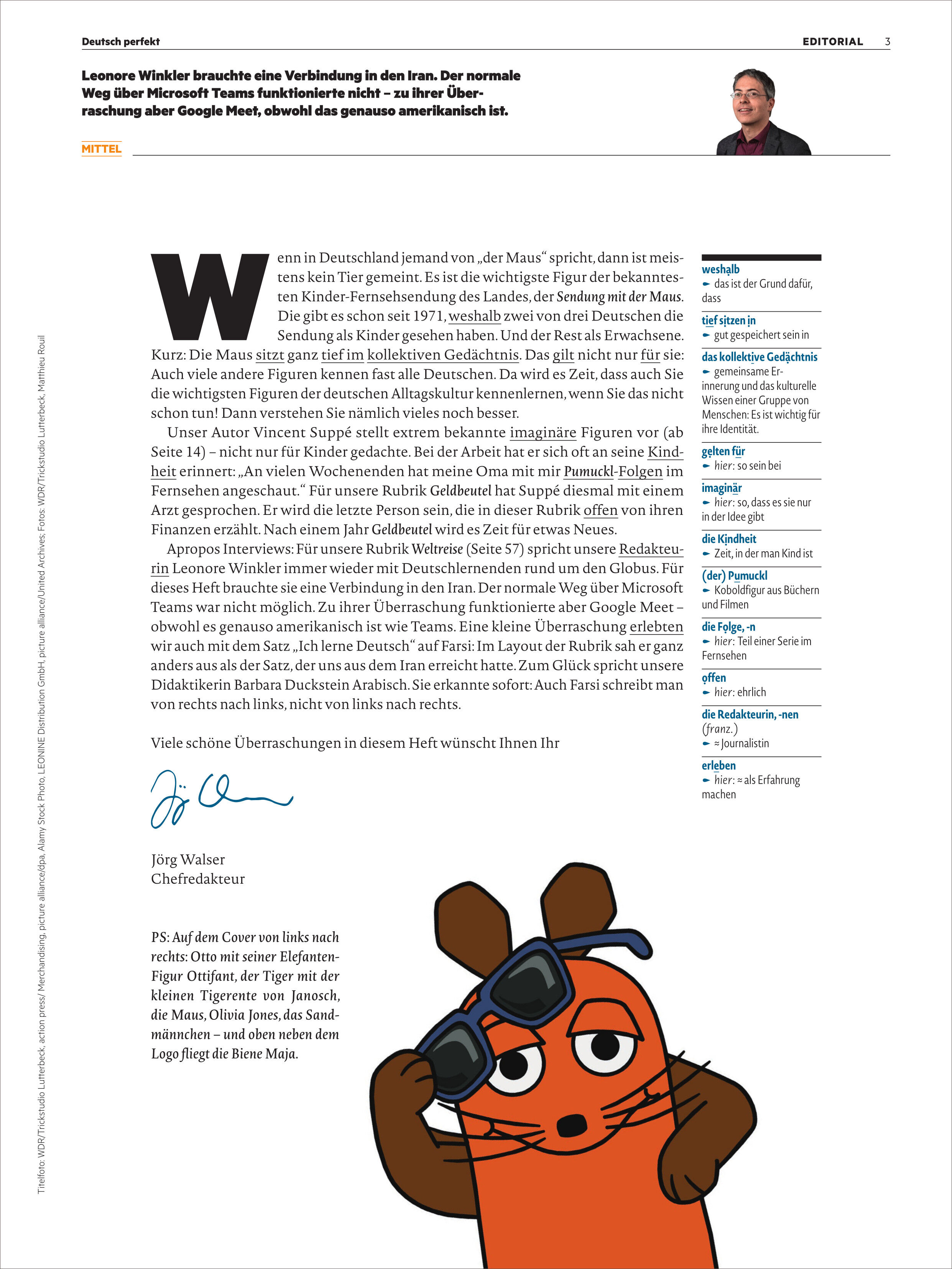 Detailreiche Magazinseite mit Editorialtext zu Deutsch perfekt. Unten rechts großformatige Comic-Illustration der bekannten Maus (orange-braun) mit einer Sonnenbrille, die die Brille schief hält. Kopfporträt Jörg Walber, viel Fließtext, dezente dekorative Elemente, modernes Layout.