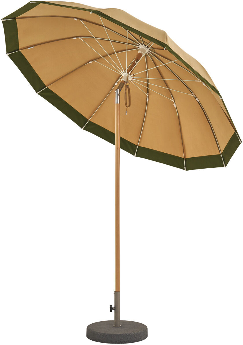 Ein stilvoller Pagodenschirm in Olive mit einem dekorativen Rahmen. Der Schirm hat eine Zeltform und steht auf einem robusten Standfuß, perfekt für den Einsatz im Garten oder auf der Terrasse.