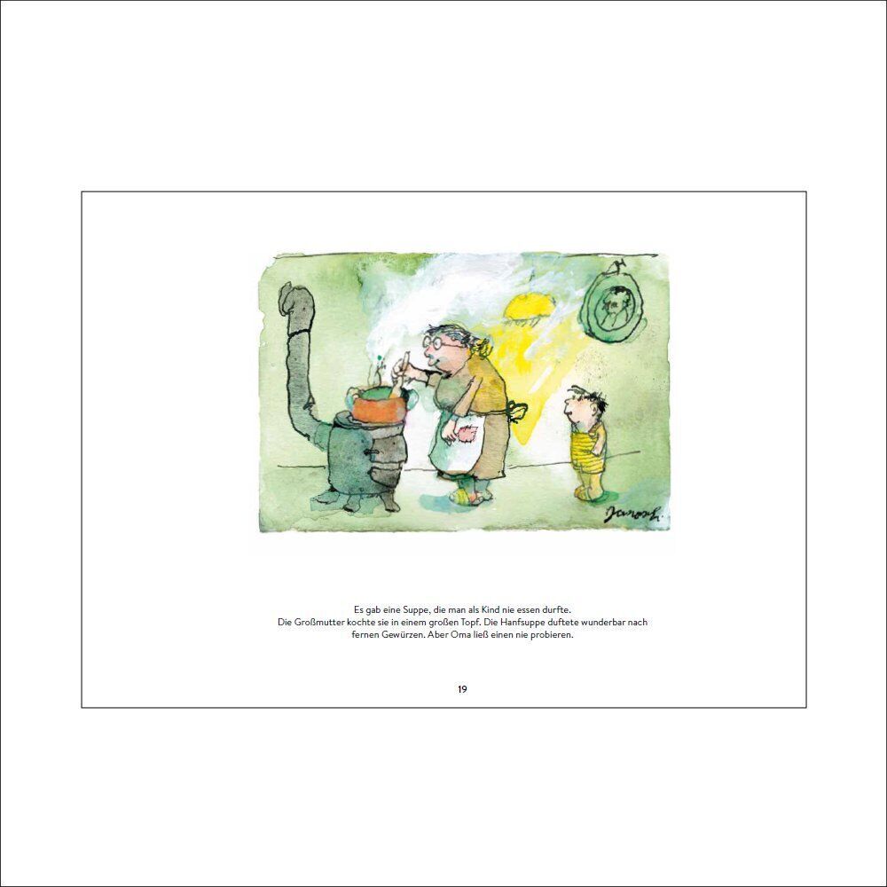 Illustration aus einem Kinderbuch zeigt Herr Wondrak in der Küche. Er steht neben einem alten Herd, auf dem ein Topf mit Suppe kocht. Ein Kind schaut neugierig zu. Die Szenerie ist humorvoll und detailreich gezeichnet.