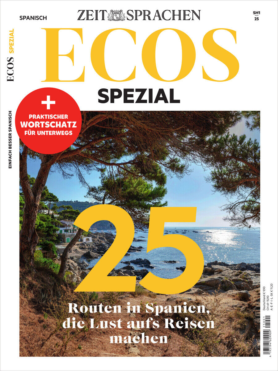 Titelseite des Magazins ECOS Spezial, Ausgabe 4/2025, mit dem Titel '25 Routen in Spanien, die Lust aufs Reisen machen'. Darauf ist ein Foto einer spanischen Küstenlandschaft zu sehen, mit Pinienbäumen und einem Blick aufs Meer. Das Wort 'Spezial' ist herausgehoben, daneben ein rotes Label mit der Aufschrift 'Praktischer Wortschatz für unterwegs'.