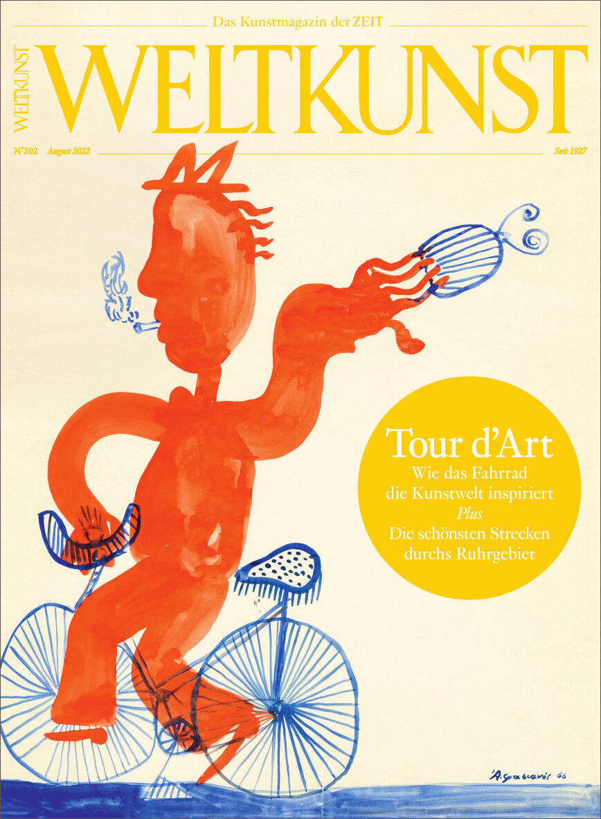 Titelbild des Kunstmagazins WELTKUNST 202/22 Tour d'Art. Eine rot-orange Illustration eines Mannes, der ein Fahrrad fährt und ein anderes Fahrrad in seiner erhobenen rechten Hand hält, begleitet vom Text 'Wie das Fahrrad die Kunstwelt inspiriert'.