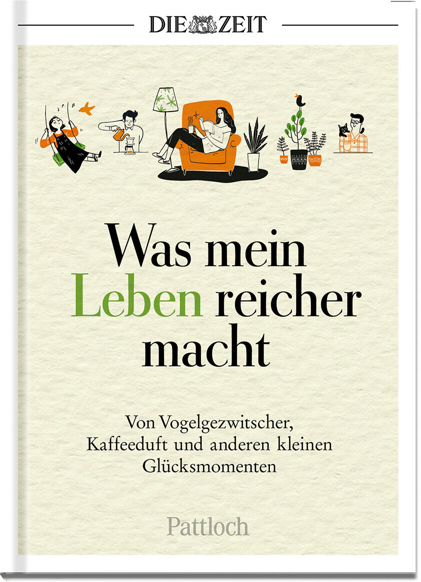 Buchcover des Geschenkbuchs »Was mein Leben reicher macht: Glück & Lebensfreude« von Pattloch mit dem Titel in schwarzer und grüner Schrift auf weißem Hintergrund. Das Cover zeigt humorvolle Illustrationen von Menschen in entspannenden, alltäglichen Situationen.