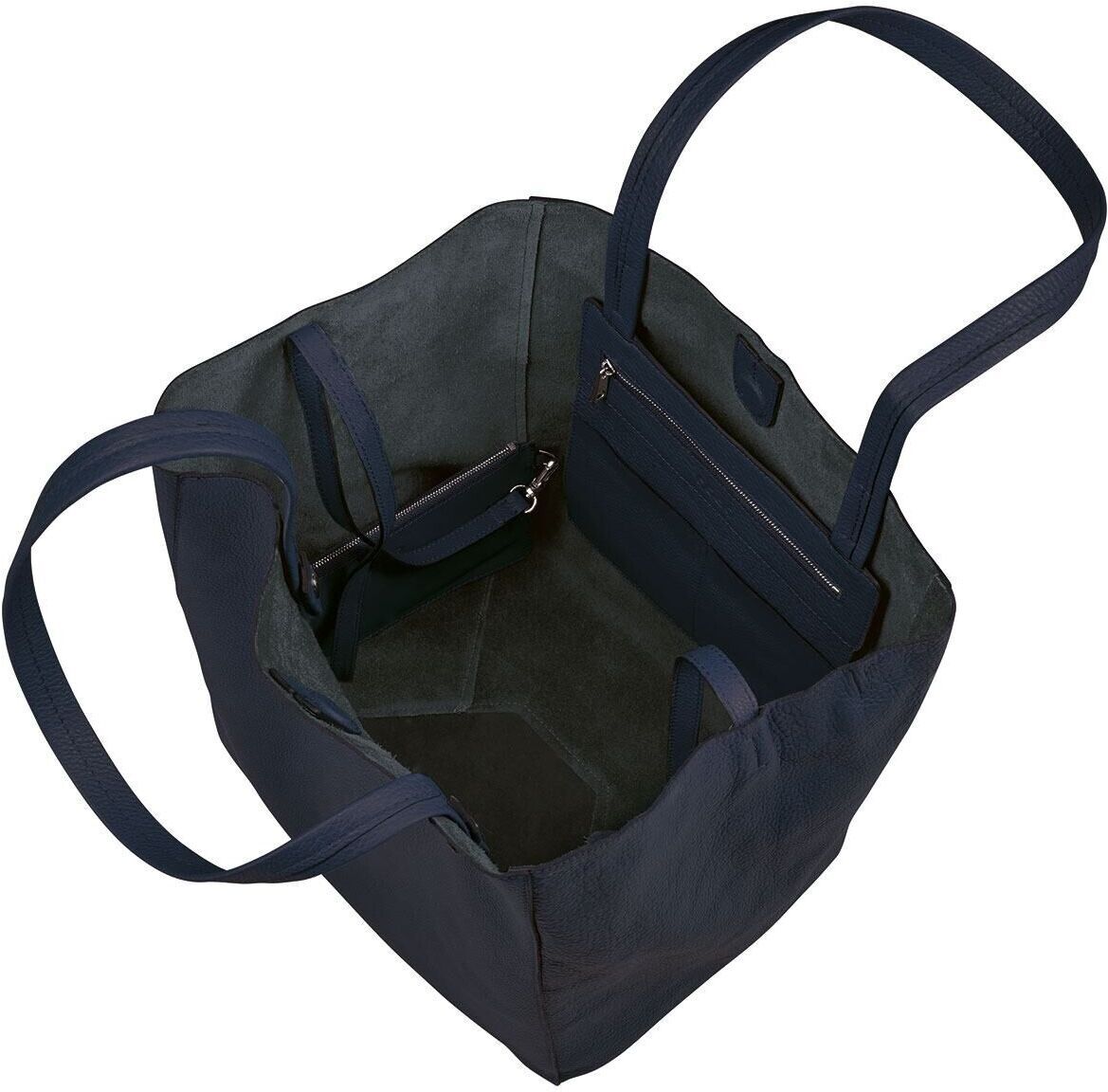 Ein dunkle Ledertasche mit zwei langen Trageriemen, die eine geräumige Haupttasche und mehrere Innenfächer, einschließlich einer Reißverschlusstasche, zeigt.