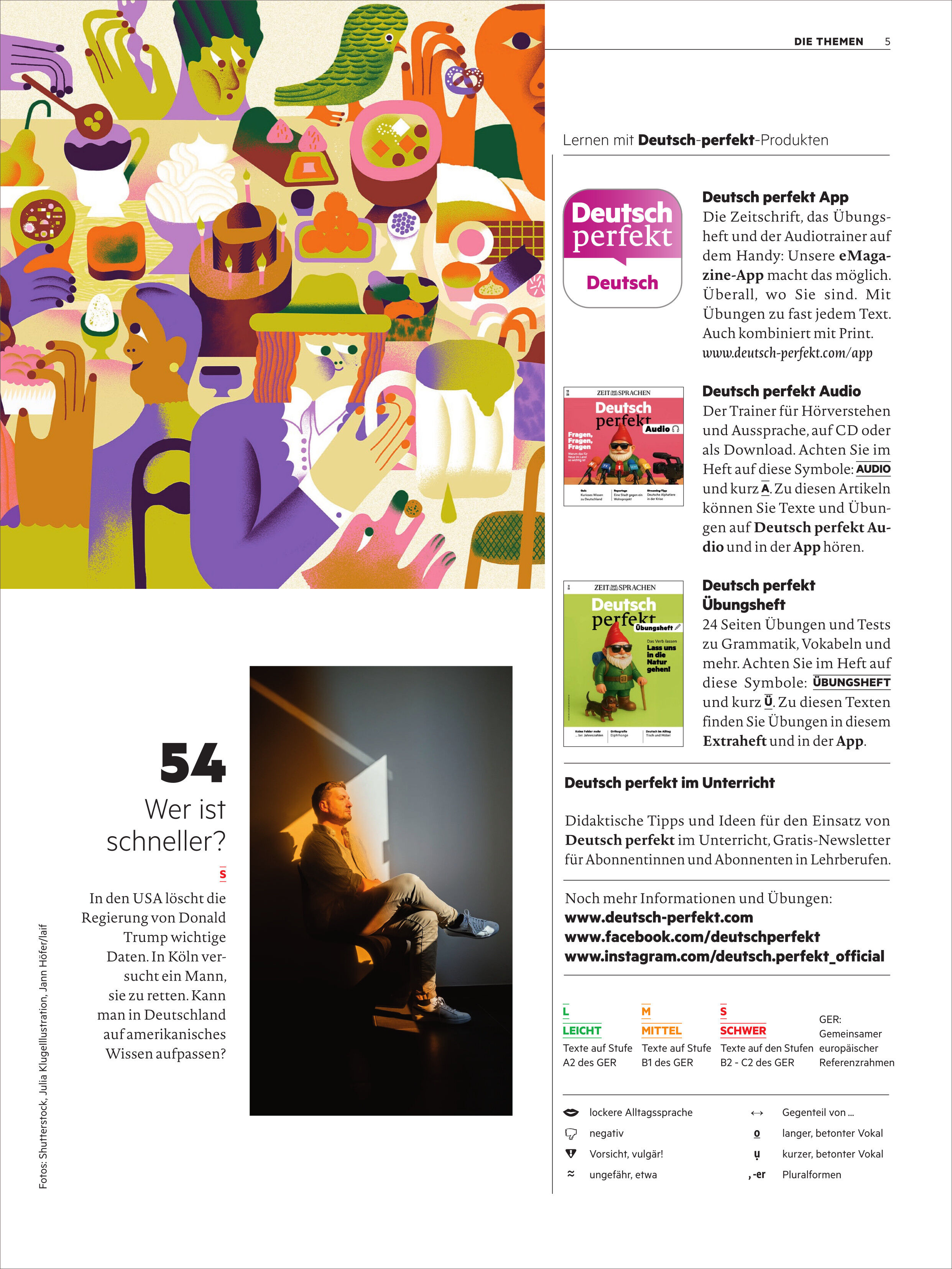 Titelseite des Magazins 'Deutsch perfekt 13/2025' mit farbenfrohen Illustrationen zum Thema Sprache und Kultur. In einer Ecke sitzt ein Mann auf einem Stuhl im Lichtkegel. Der Rest der Seite zeigt verschiedene Informationen über digitale Angebote zum Sprachenlernen, Icons und bunte grafische Elemente. Die Seite vermittelt Bildung, Sprachvielfalt und Modernität.