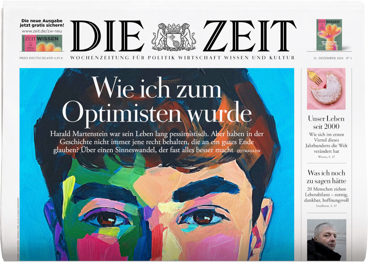 Titelseite der Zeitschrift 'DIE ZEIT' Ausgabe 01/2025 mit einem Porträt von Harald Martenstein in lebendigen Farben und dem Titel 'Wie ich zum Optimisten wurde'.