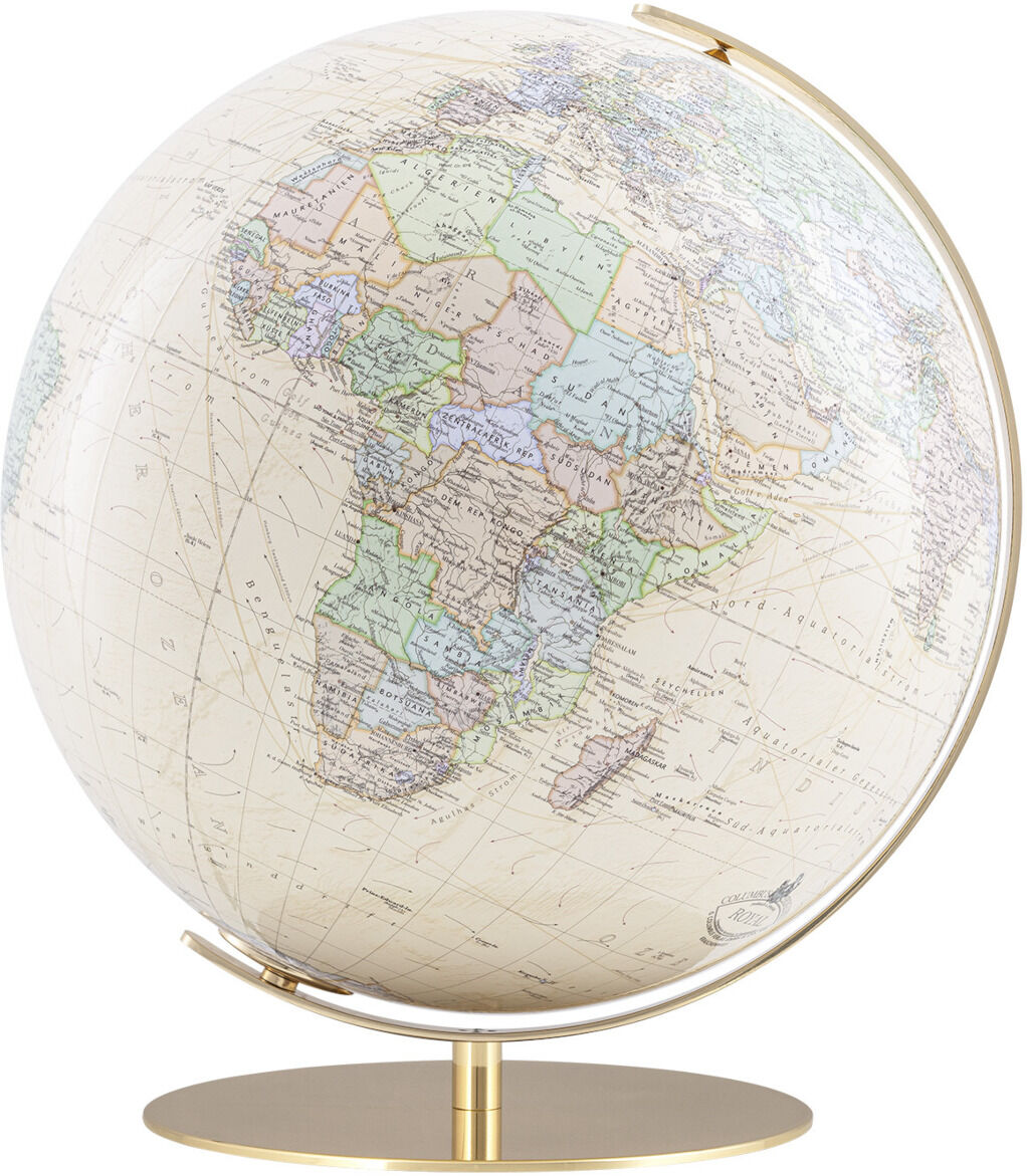 Ein Tischglobus mit dem Namen »ROYAL Regent«. Die Weltkarte ist in beige Farbton gehalten, mit Ländern in verschiedenen Pastellfarben. Der Globus hat einen eleganten goldfarbenen Metallständer und zeigt geografische Details der Erde.