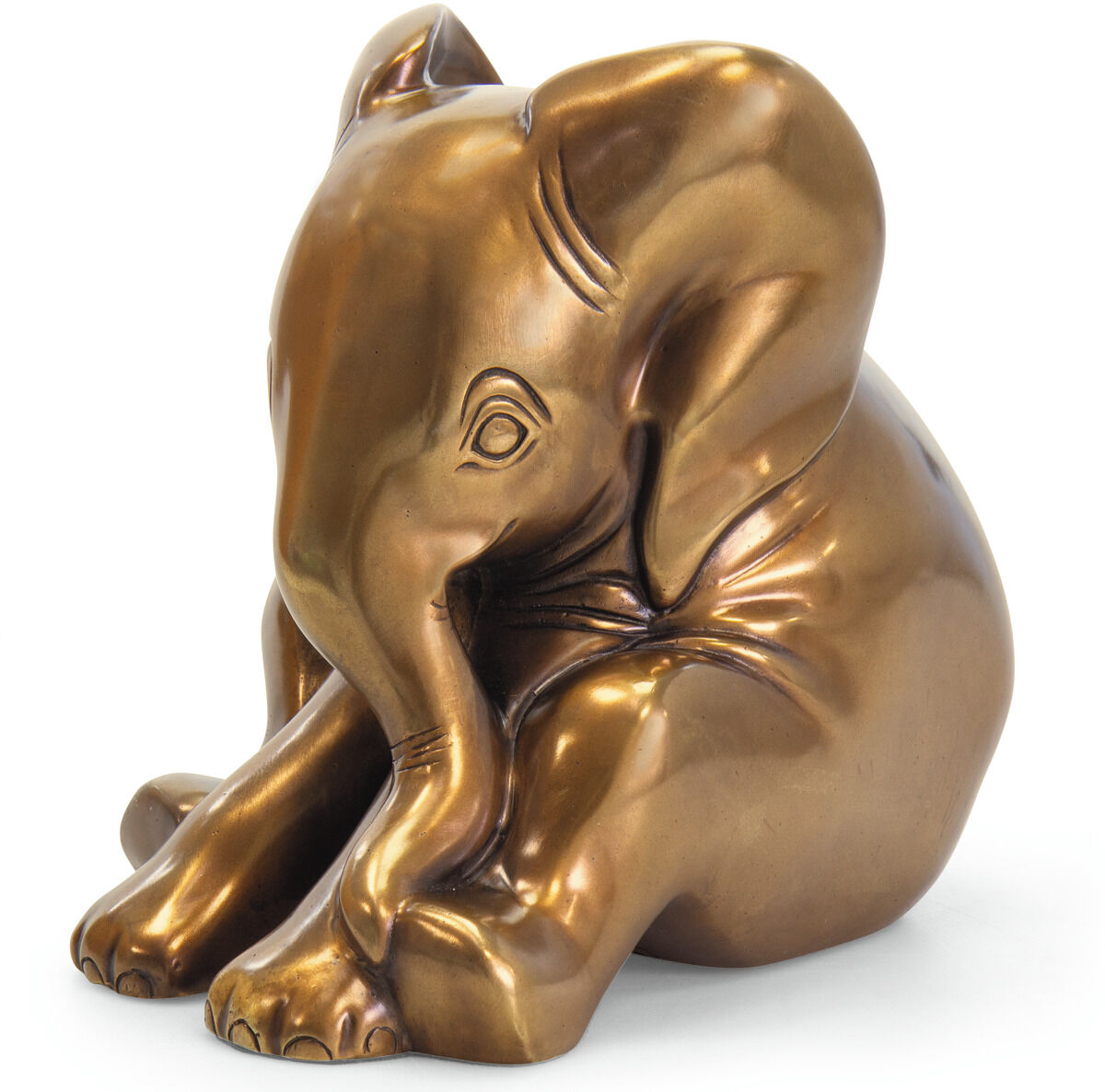 Bronzeskulptur eines kleinen Elefanten mit detaillierten Merkmalen, entwickelt von Jagna Weber. Die Skulptur zeigt den Elefanten in einer sitzenden Position mit einem glänzenden Bronze-Finish.