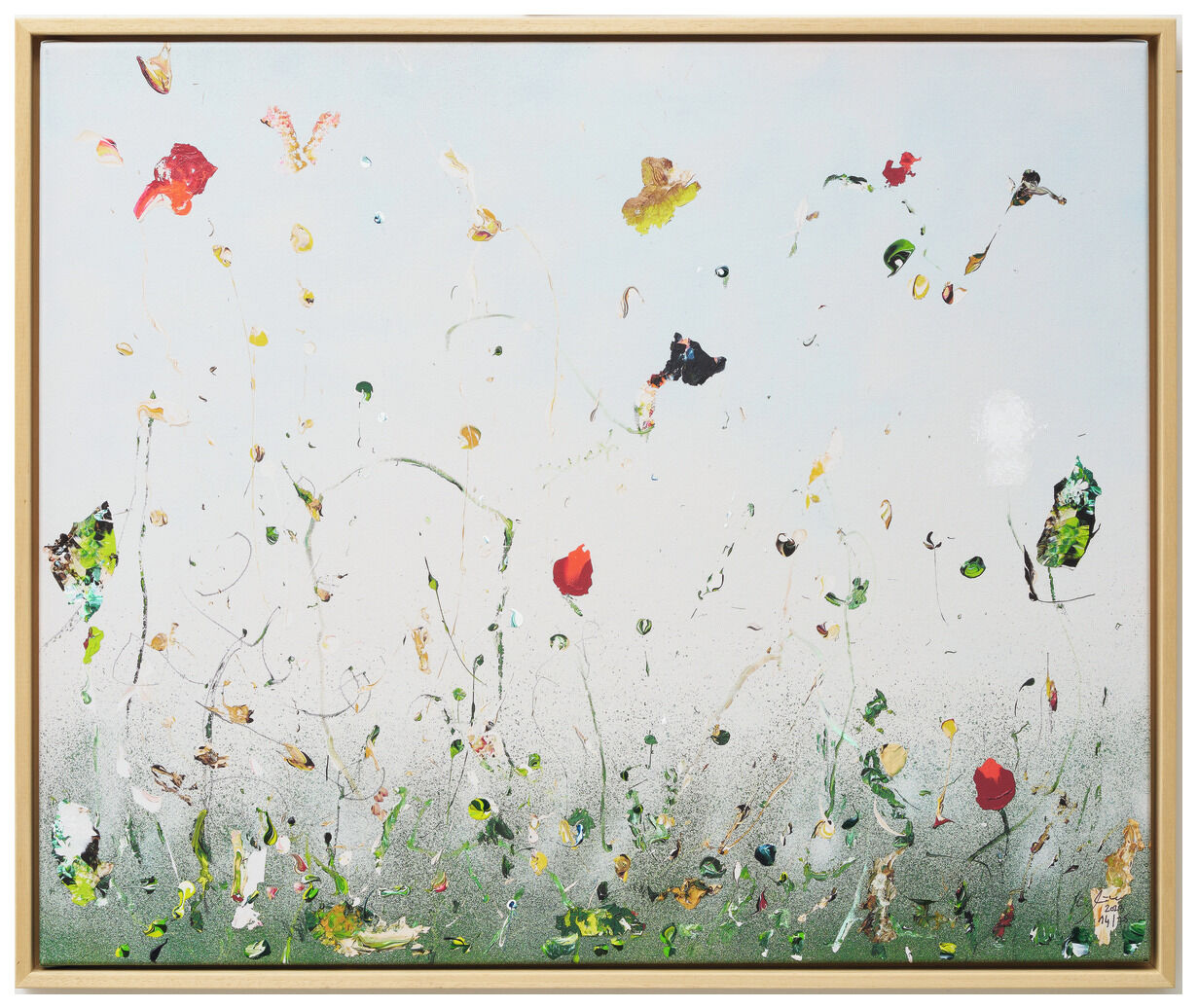 Das Gemälde „Hommage à Debussy (Bijan) - Jubiläums-Edition“ von Christine Müller zeigt eine abstrakte Komposition mit fließenden, überlappenden Farbbereichen in Blau, Gelb, Weiß und Rot auf hellem Grund. Weiche Farbübergänge, feine Pinselspuren und dezente schwarze Akzente bestimmen das ausgewogene, musikalische Gesamtbild.