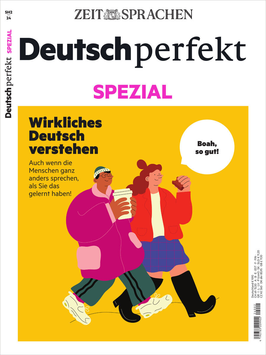 Das Cover des 'Deutsch perfekt Magazin' 12/2024 Sonderausgabe zeigt eine bunte Illustration von zwei Personen in Winterkleidung, die Kaffee tragen. Der Hintergrund ist gelb mit dem Titel 'SPEZIAL'. Oben befindet sich das Logo von ZeitSprachen.