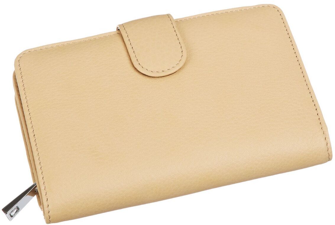 Beigefarbene Geldbörse mit Druckknopfverschluss und Reißverschluss, elegant und minimalistisch, aus Lederoptik gefertigt.