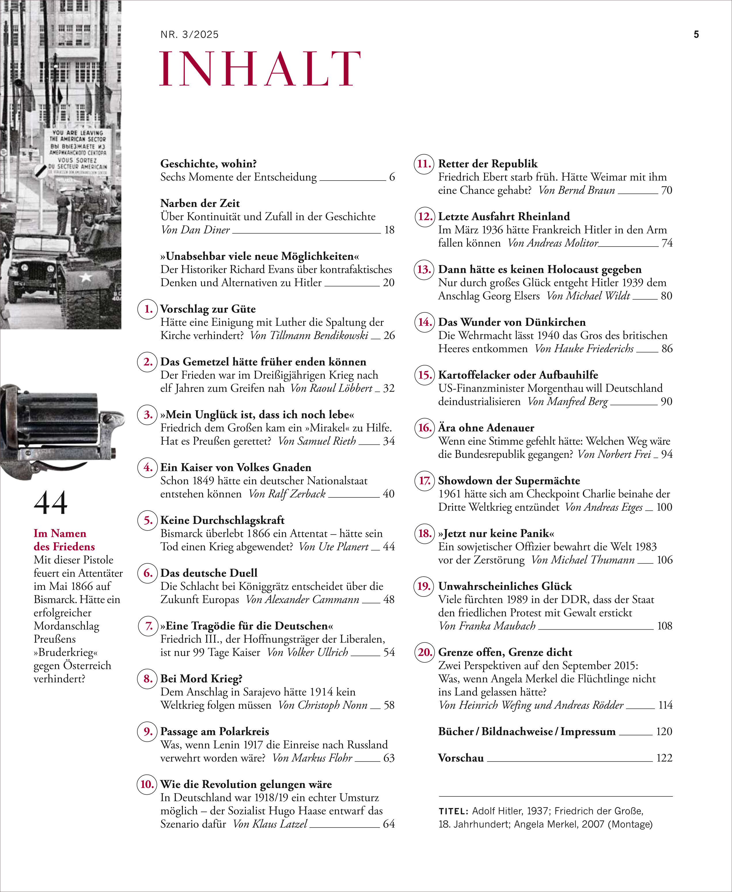 Seite aus einer Zeitschrift mit Schwerpunkt auf alternative Geschichte und wichtige historische Entscheidungen. Der Text enthält verschiedene Artikelüberschriften und ein schwarz-weißes Bild eines alten Telefons. Die Gestaltung hat eine Mischung aus weißem, schwarzem, rotem und grauem Text.