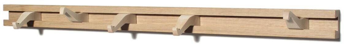 Ein minimalistisches Garderobenleiste aus Holz mit mehreren Haken zur Wandmontage.