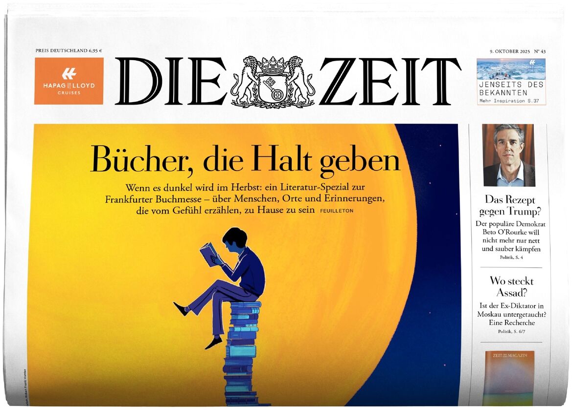 Titelseite der Zeitung DIE ZEIT 43/2025 mit einer farbigen Illustration: Eine Person sitzt lesend auf einem Stapel Bücher vor einem großen gelben Kreis, der an die Sonne erinnert. Überschrift: 'Bücher, die Halt geben'.