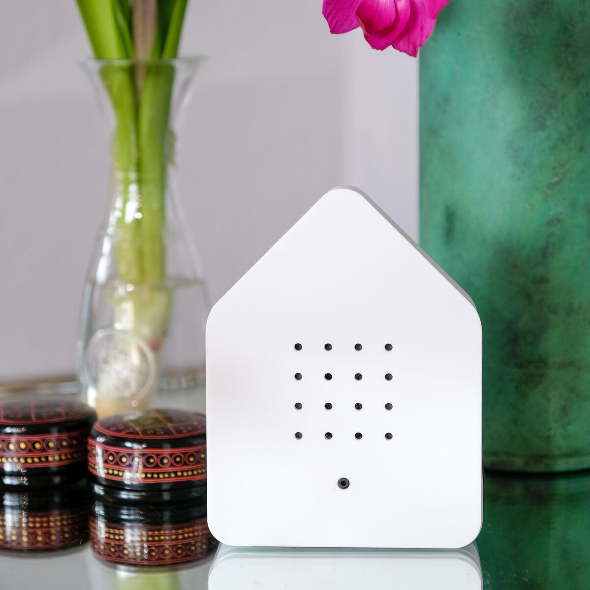 Ein weißes Gerät namens ‚Zwitscherbox‘ in Form eines Hauses steht vor einer grünen Vase mit einer blauen und einer rosa Blume.