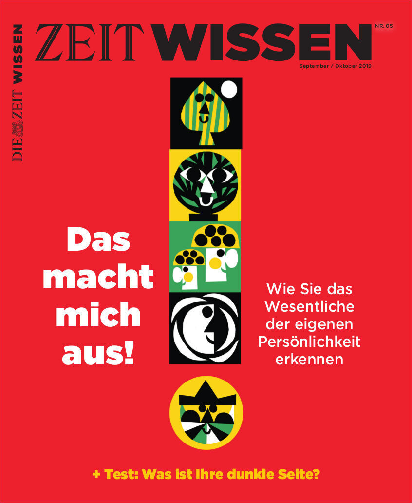 Titelbild des Magazins ZEIT WISSEN 5/19. Auf rotem Hintergrund sind in der oberen Hälfte unterschiedliche grafische Figuren zu sehen. Der Text links lautet: 'Das macht mich aus!' Auf der rechten Seite steht: 'Wie Sie das Wesentliche der eigenen Persönlichkeit erkennen'. Unten befindet sich ein gelber Schriftzug mit einem Test.