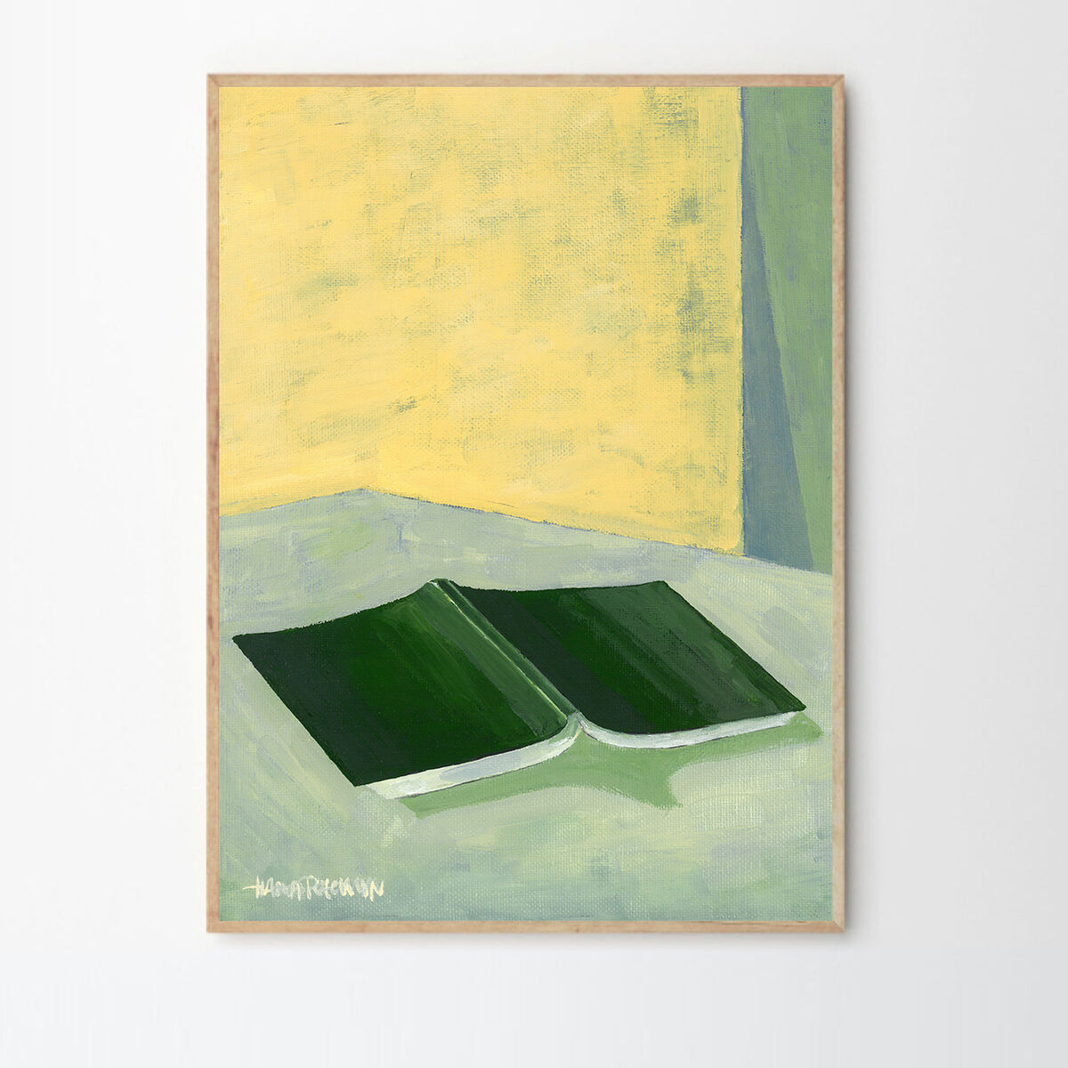 Ein Gemälde mit einem offenen Buch auf einer Oberfläche, umgeben von grünen und gelben Farbtönen. Das Bild hat einen minimalistischen und abstrakten Stil.