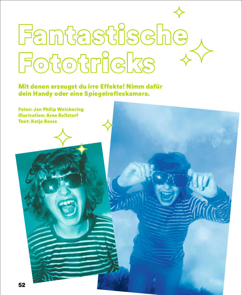 Zwei Bilder von einem Jungen. Das linke Bild zeigt einen Jungen mit Sonnenbrille, der schreit; das rechte Bild zeigt den gleichen Jungen mit Sonnenbrille, der lacht. Darüber steht der Titel 'Fantastische Fototricks' in gelb-grüner Schrift auf weißem Hintergrund.