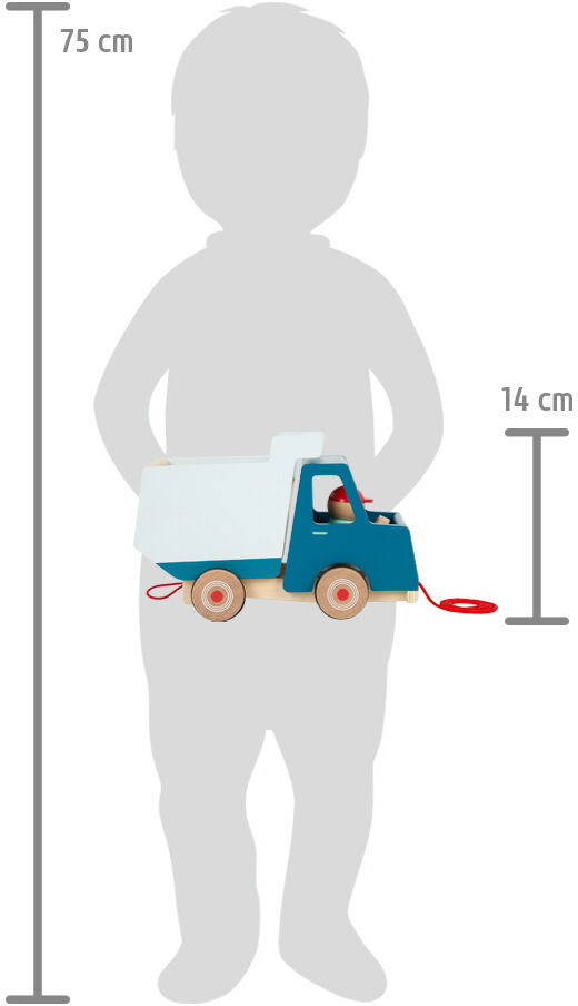 Holz-Nachziehfahrzeug in Form eines Kipplasters in Blau, Rot und Weiß. Es ist an eine rote Kordel gebunden und steht vor der Silhouette eines Kindes, das 75 cm groß ist. Der Kipplaster hat eine Größe von 14 cm und ist für Kleinkinder geeignet.