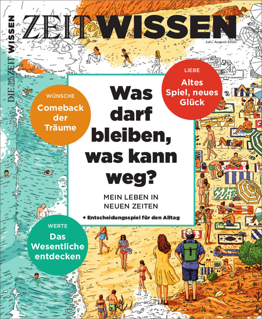 Das Cover der Zeitschrift ZEIT WISSEN 4/20 zeigt eine belebte Strandszene mit Menschen, die am Strand und im Meer entspannen. Der Titel lautet 'Was darf bleiben, was kann weg?'. In der Mitte befinden sich verschiedene Texte zu den Themen Liebe, Wünsche und Werte. Die Hauptfarben des Covers sind Orange, Grün, Blau, Beige, Grau, Schwarz und Weiß.