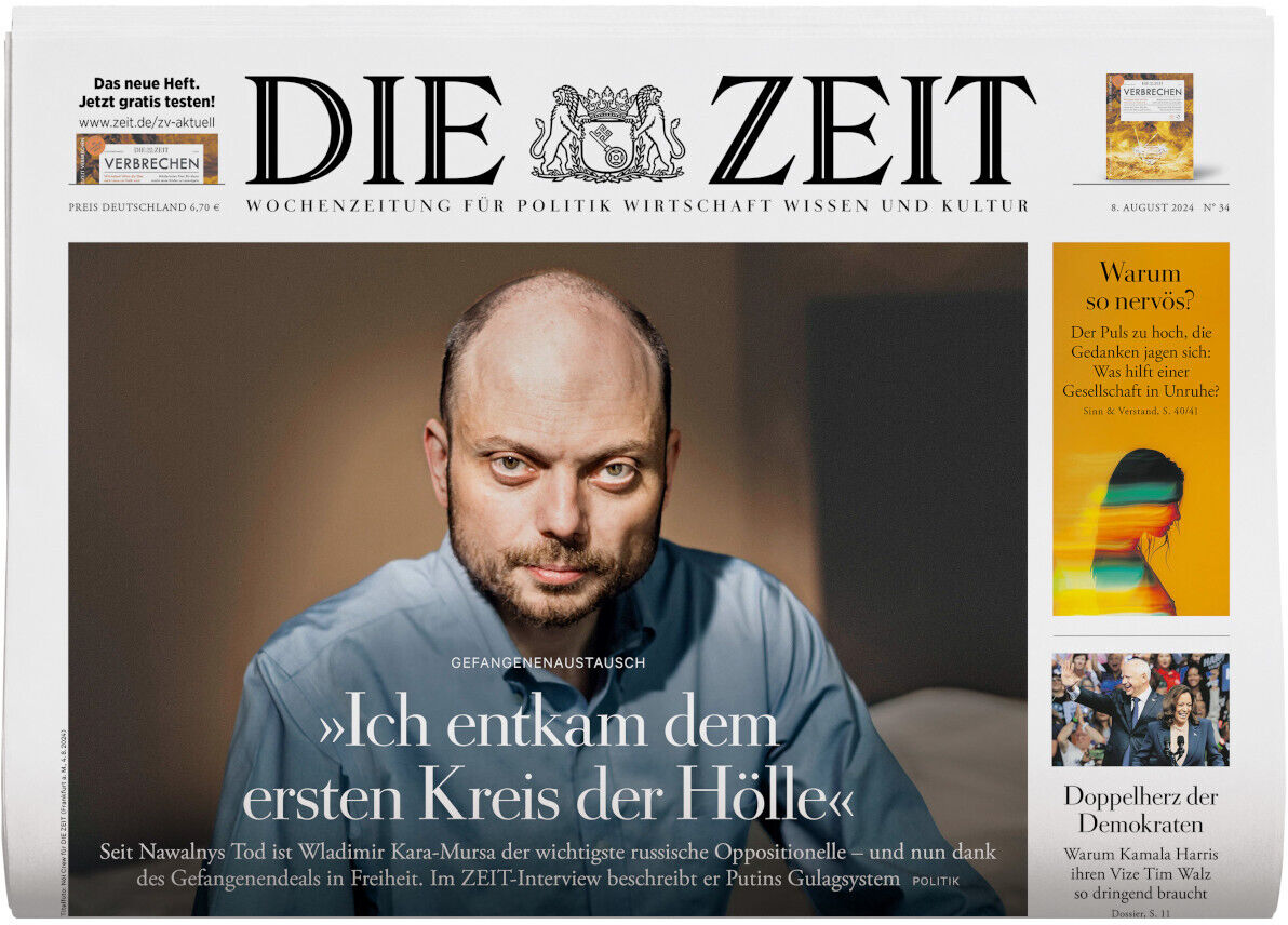 Titelblatt der Wochenzeitung DIE ZEIT 34/2024 mit einem Hauptartikel über ein Interview mit einem russischen Oppositionellen. Der Hintergrund ist in Weiß mit schwarzem Text und einigen bunten Akzenten gestaltet.
