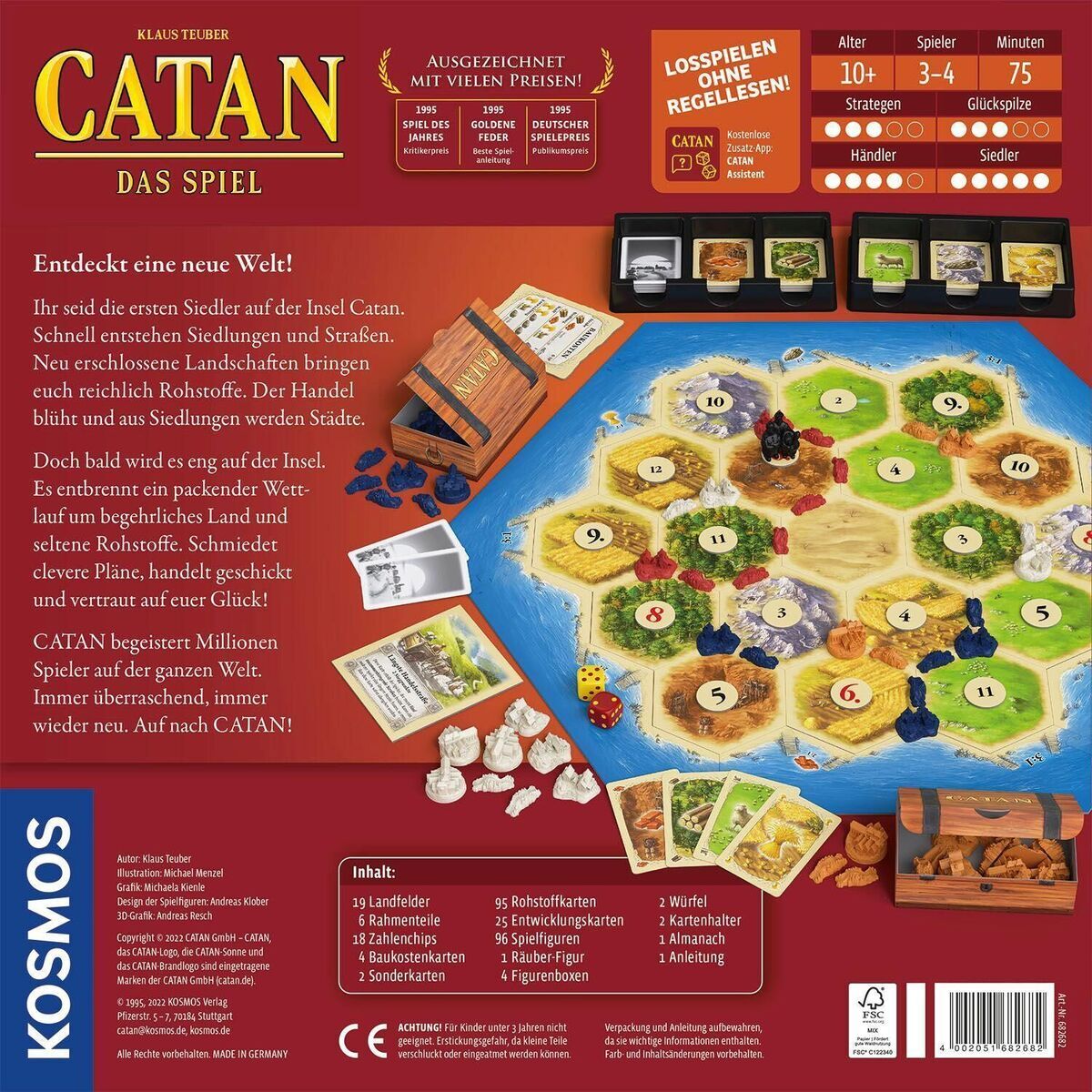 Die Rückseite des Brettspiels 'CATAN - Das Spiel' zeigt den Spielplan mit Hexfeldern, Entdecker- und Siedlungsfiguren, und verschiedenen Rohstoffen. Das Spiel ist von Kosmos, wurde von Klaus Teuber entwickelt und richtet sich an 3-4 Spieler ab 10 Jahren.