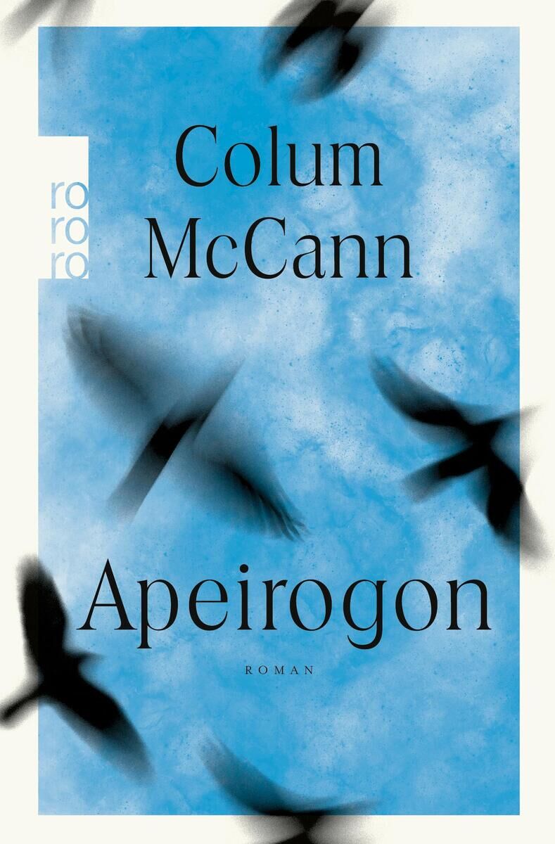 Das Bild zeigt das Buchcover des Romans 'Apeirogon' von Colum McCann. Der Hintergrund ist größtenteils in einem wolkigen Blau gestaltet, während einige schwarze Silhouetten von Vögeln im Vordergrund zu sehen sind. Der Titel des Buches und der Name des Autors sind in schwarzer Schrift prominent dargestellt.