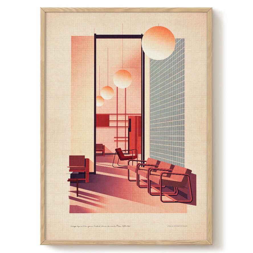 Das Poster zeigt eine stilisierte Innenansicht der Bocconi Universität in Mailand mit modernen Stühlen, geometrischen Formen und großen, leuchtenden Kugellampen in warmen Orangetönen. Rechts befindet sich eine Glaswand mit rechteckigem Muster, die Szene ist in minimalistischer Ästhetik gehalten. Das Bild strahlt modernes italienisches Design und architektonische Eleganz aus.