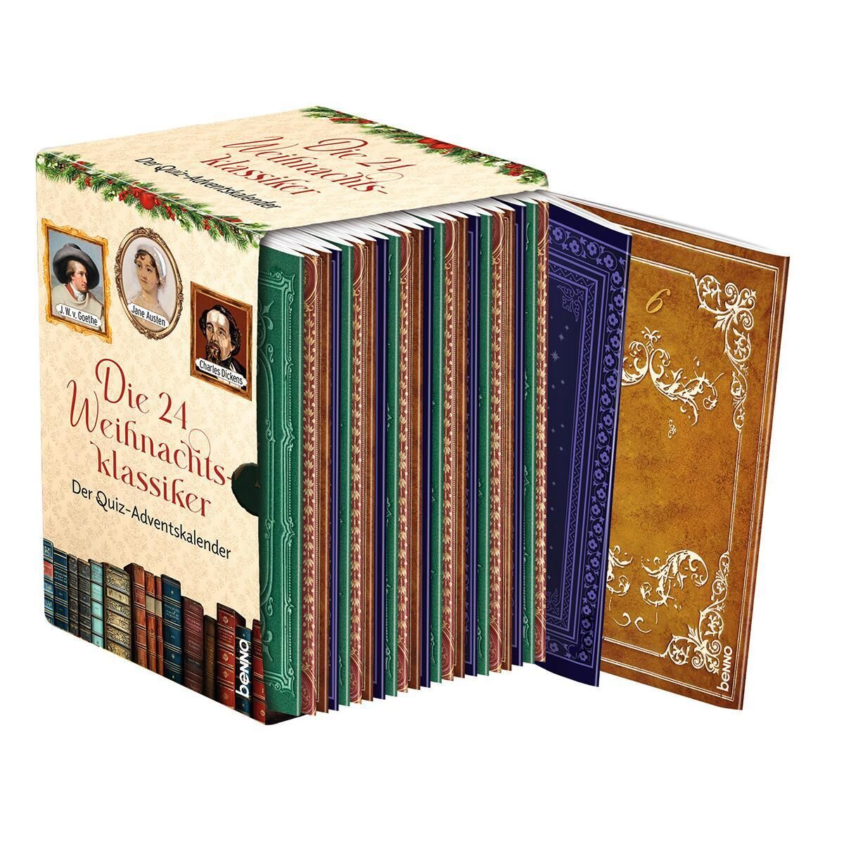 Ein Adventskalender in Form eines Buches mit dem Titel 'Die 24 Weihnachtsklassiker - Der Quiz-Adventskalender'. Der Kalender besteht aus mehreren bunten Booklets, die seitlich herausstehen. Das Cover ist beige mit festlichen Akzenten und zeigt Porträts von klassischen Autoren.