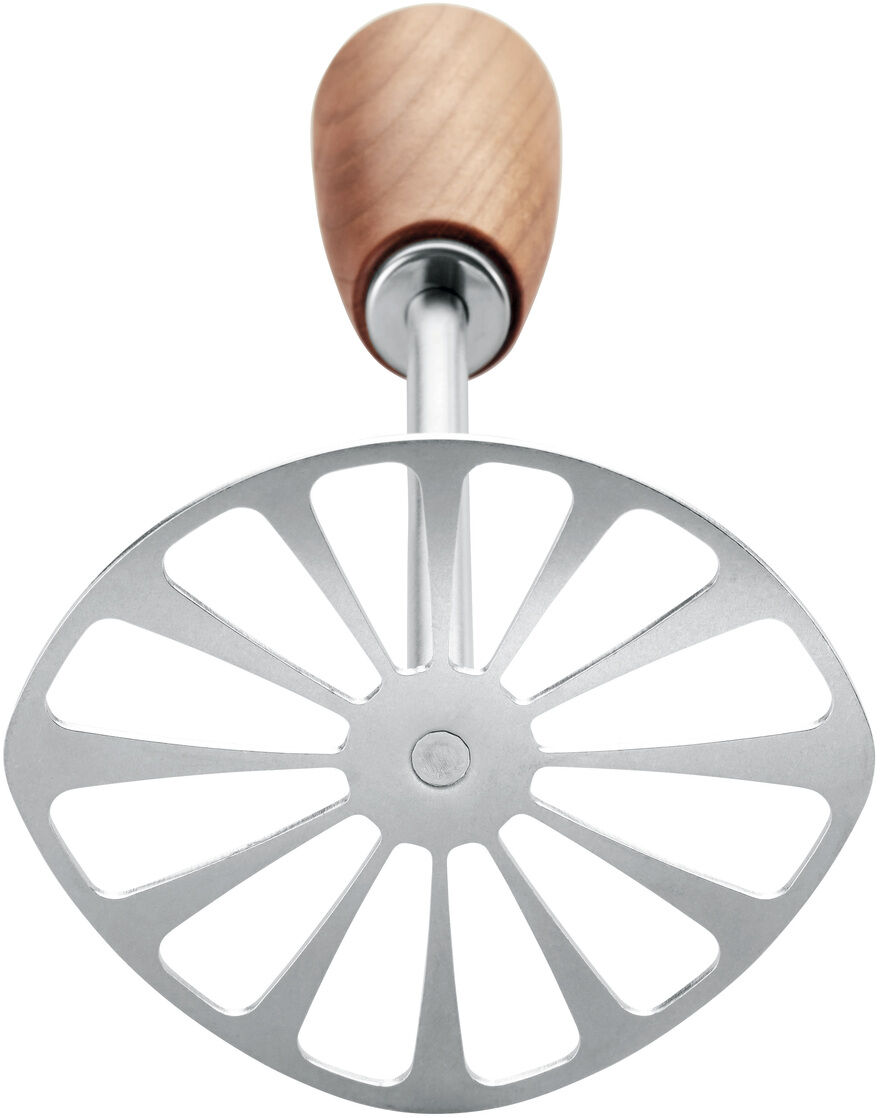 Der Kartoffelstampfer Soul von triangle ist abgebildet. Der Stampfer besitzt eine breite, silberfarbene Edelstahl-Stampffläche und einen ergonomisch geformten Griff aus dunklem Kirschholz. Das Design wirkt hochwertig und modern, der Hintergrund ist neutral gehalten.