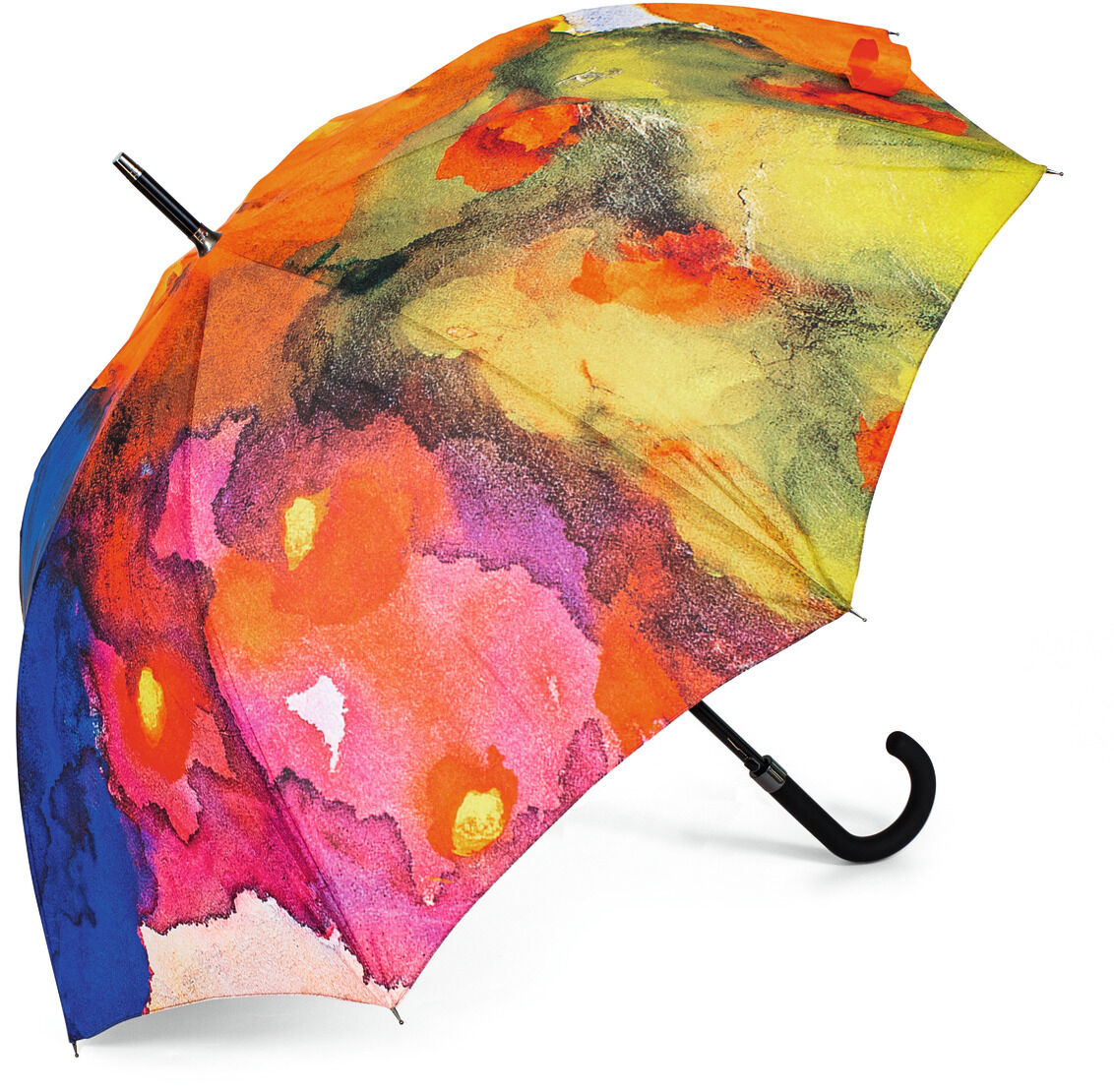 Bunter Regenschirm mit Sommerblumenmuster in kräftigen Farben wie Orange, Grün, Blau, Pink und Rot.