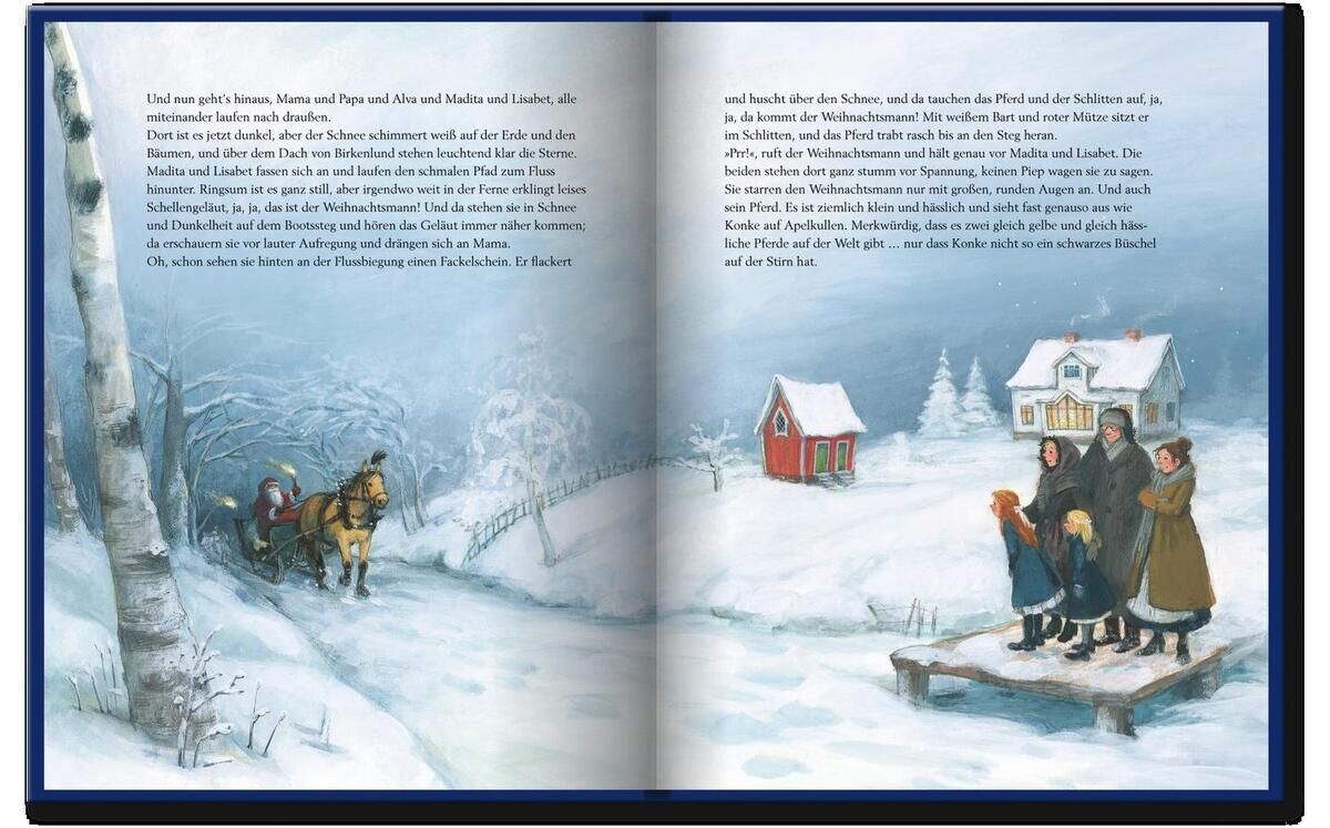 Ein aufgeschlagenes Kinderbuch mit winterlichen Illustrationen im Schnee. Eine Szene zeigt eine Familie vor einem Haus, die andere einen Pferdeschlitten. Text auf beiden Seiten in deutscher Sprache.