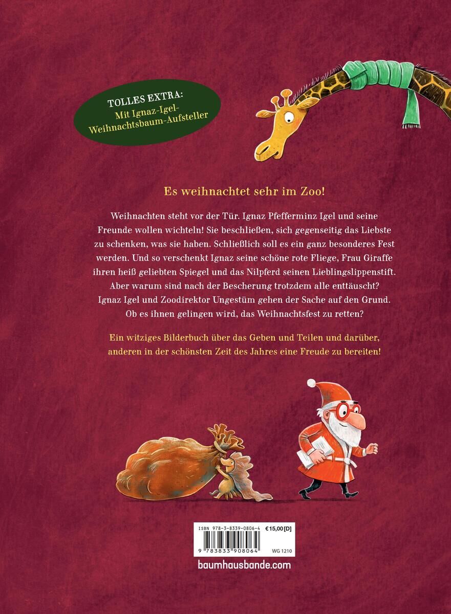 Das Bild zeigt die Rückseite des Buches 'Das große Weihnachtsfest im Zoo'. Es zeigt Illustrationen von einem Weihnachtsmann mit einem Sack und einer Giraffe, die über einen Zaun blickt. Oben links befindet sich ein rotes Feld mit grünem Text 'Tolles Extra: mit Igel-Leseratz und Weihnachtsbaum-Aufsteller'. Der Hintergrund ist vorwiegend rot.