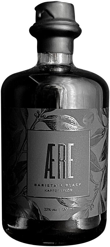 Eine schwarze Flasche AERE Barista's Black Kaffeelikör mit einem elegant gestalteten Etikett. Die Flasche hat einen traditionell aussehenden Verschluss und das Etikett zeigt florale Muster.