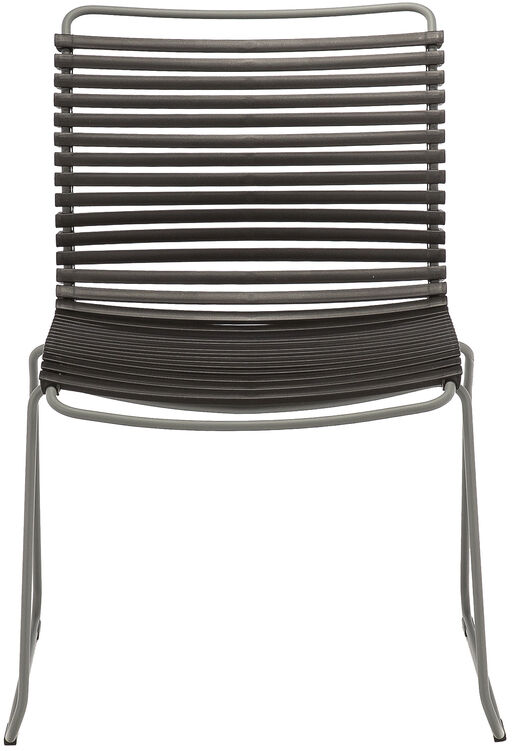 Ein moderner Esszimmerstuhl ohne Armlehnen aus der Serie »CLICK Dining Chair«. Der Stuhl hat ein Metallgestell und ist in dunklem Grau gehalten, ideal für den Innen- und Außenbereich geeignet.